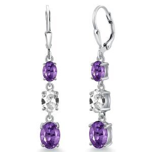 925 Sterling Silver with 5.20 Cttw 3 Stone Amethyst and White Sapphire Earrings